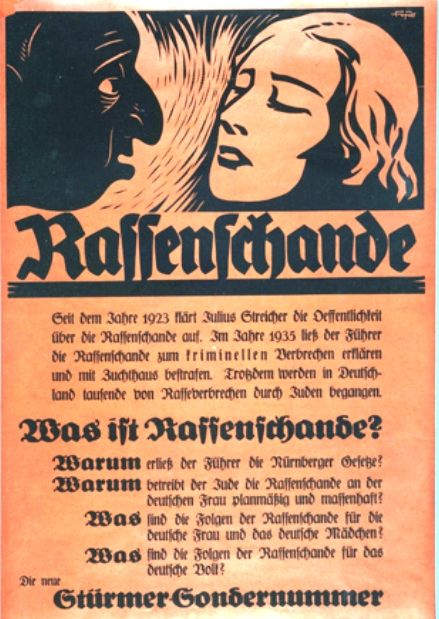 Nazi propaganda poster advertising a special issue of Der Stuermer on Rassenschande